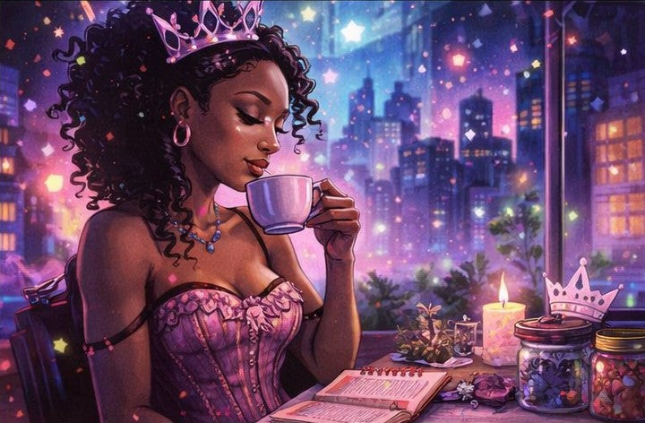 black woman enjoying tea in a luxury urban setting with a modern tea ritual at night