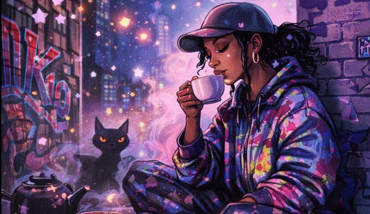 black woman enjoying tea in an urban street setting with graffiti art during a ritual tea break