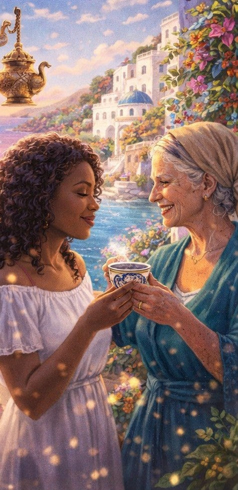women sharing herbal tea by the sea representing mediterranean tradition and generational wisdom