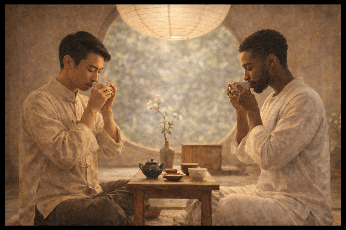 two men sharing a quiet tea ritual representing brotherhood and mindfulness